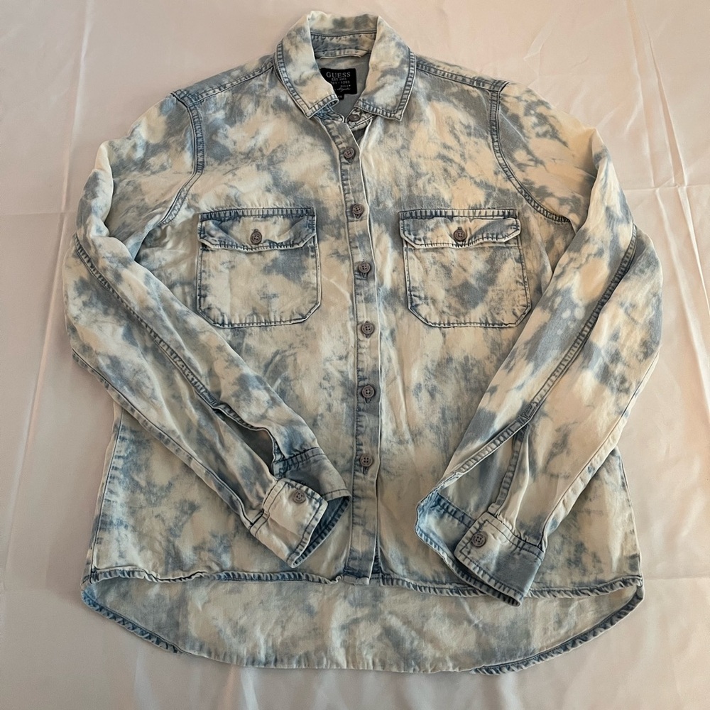 GUESS Acid Wash Denim Shirt Marbled Blue White 90s Grunge